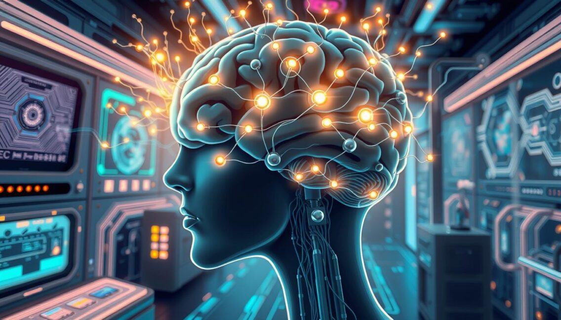 A futuristic depiction of a human brain with glowing neural connections, symbolizing advancements in brain-computer interface technology. The image is set against a high-tech laboratory background, representing innovation in neuroscience and its applications in improving human capabilities.