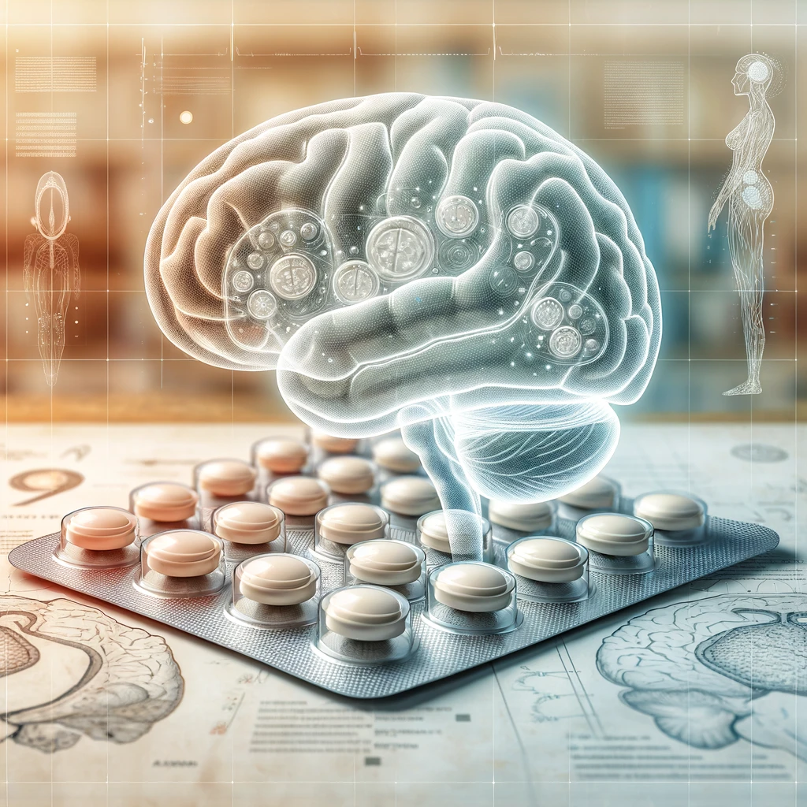 A visual representation of a human brain overlaying a pack of pills, symbolizing the connection between oral contraceptives and brain health. The background features medical diagrams, emphasizing the focus on neuroscience and hormonal effects.